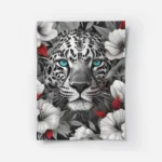 poster tete de leopard noir et blanc yeux bleus.webp