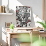 poster tete de leopard noir et blanc yeux bleus bureau.webp