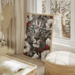 poster tete de leopard noir et blanc yeux bleus salon beige.webp