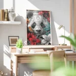 poster tete de panda avec fleurs bureau.webp