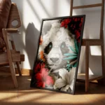 poster tete de panda avec fleurs encadre.webp
