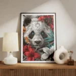 poster tete de panda avec fleurs meuble.webp