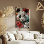 poster tete de panda avec fleurs salon.webp