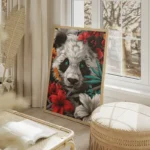poster tete de panda avec fleurs salon beige.webp