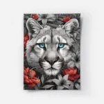 poster tete de puma noir et blanc aux yeux bleus.webp