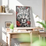 poster tete de puma noir et blanc aux yeux bleus bureau.webp