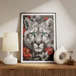 poster tete de puma noir et blanc aux yeux bleus meuble.webp