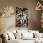 poster tete de puma noir et blanc aux yeux bleus salon.webp