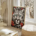 poster tete de puma noir et blanc aux yeux bleus salon beige.webp