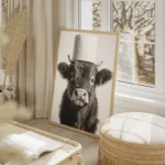 poster vache drole avec chapeau salon beige.webp