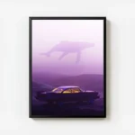 poster voiture vintage et cetace fantomatique avec cadre.webp
