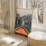 poster vue lac et montagnes salon beige.webp