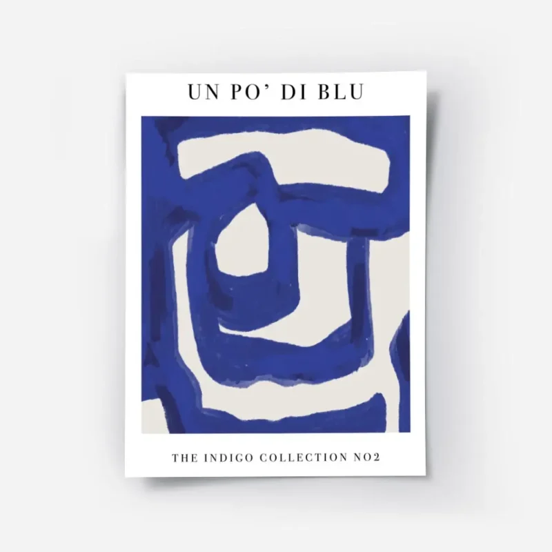 affiche abstraite aux lignes bleues sur fond beige typographie noire en haut et .webp