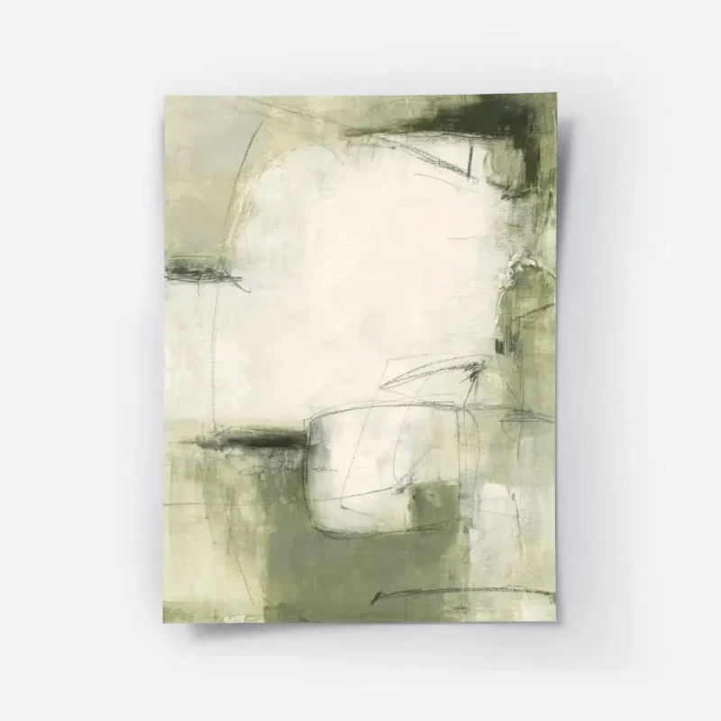 affiche abstraite aux teintes naturelles de vert olive beige et blanc avec des f.webp