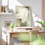 affiche abstraite aux teintes naturelles de vert olive beige et blanc avec des f bureau.webp