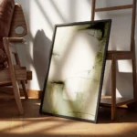 affiche abstraite aux teintes naturelles de vert olive beige et blanc avec des f encadre.webp