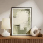 affiche abstraite aux teintes naturelles de vert olive beige et blanc avec des f meuble.webp