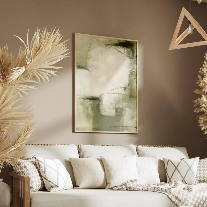 affiche abstraite aux teintes naturelles de vert olive beige et blanc avec des f salon.webp
