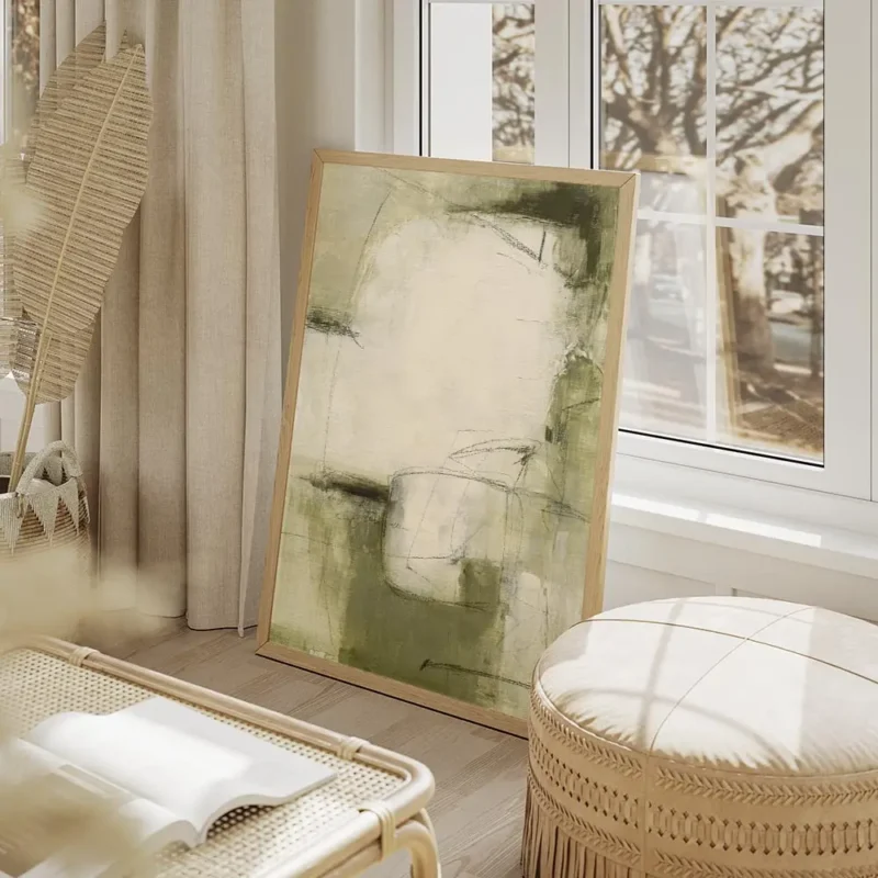 affiche abstraite aux teintes naturelles de vert olive beige et blanc avec des f salon beige.webp
