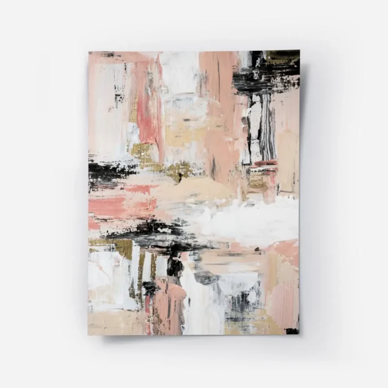 affiche abstraite aux teintes rose beige blanc et noir avec des touches dorees t.webp