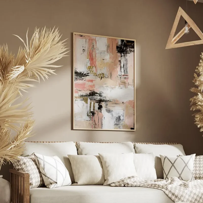 affiche abstraite aux teintes rose beige blanc et noir avec des touches dorees t salon.webp