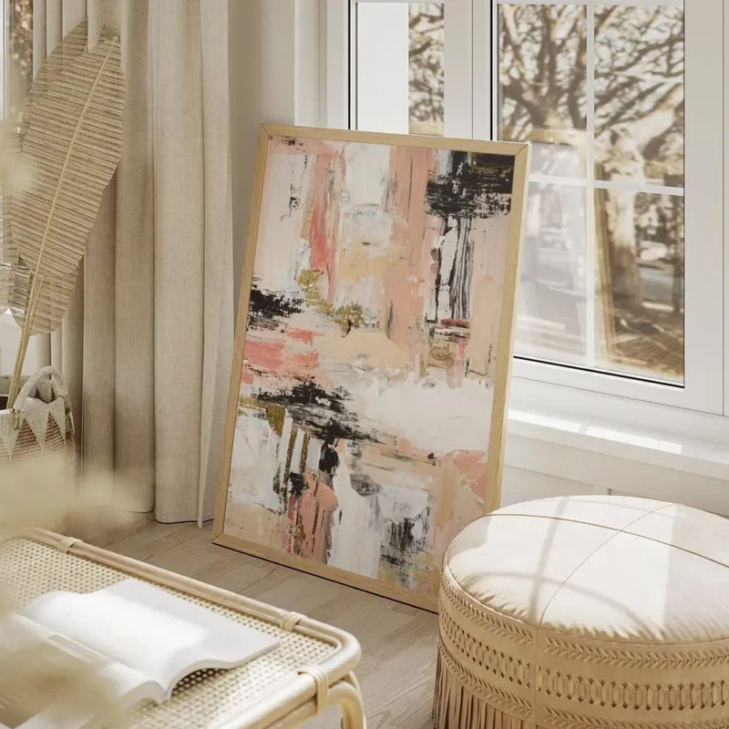 affiche abstraite aux teintes rose beige blanc et noir avec des touches dorees t salon beige.webp