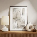 affiche abstraite aux tons gris beige avec des lignes noires et blanches et des meuble.webp