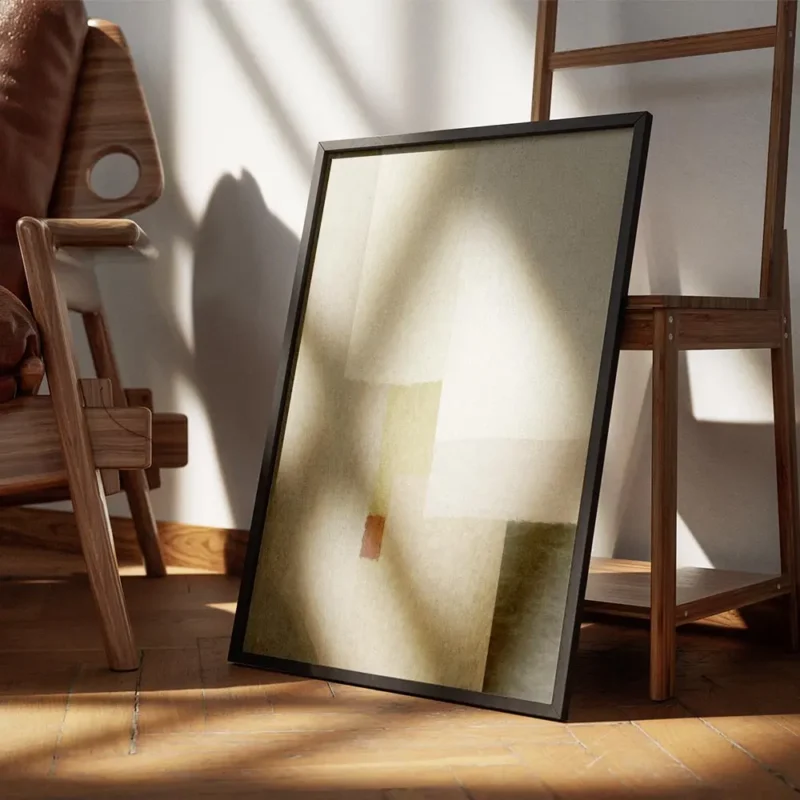 affiche abstraite aux tons neutres beige gris et vert olive avec un carre rouill encadre.webp