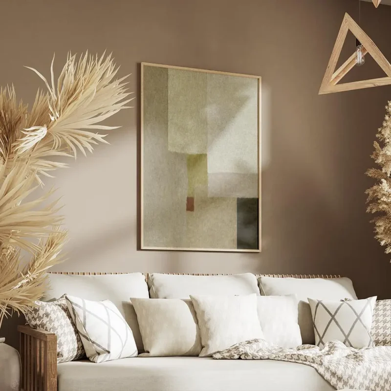 affiche abstraite aux tons neutres beige gris et vert olive avec un carre rouill salon.webp