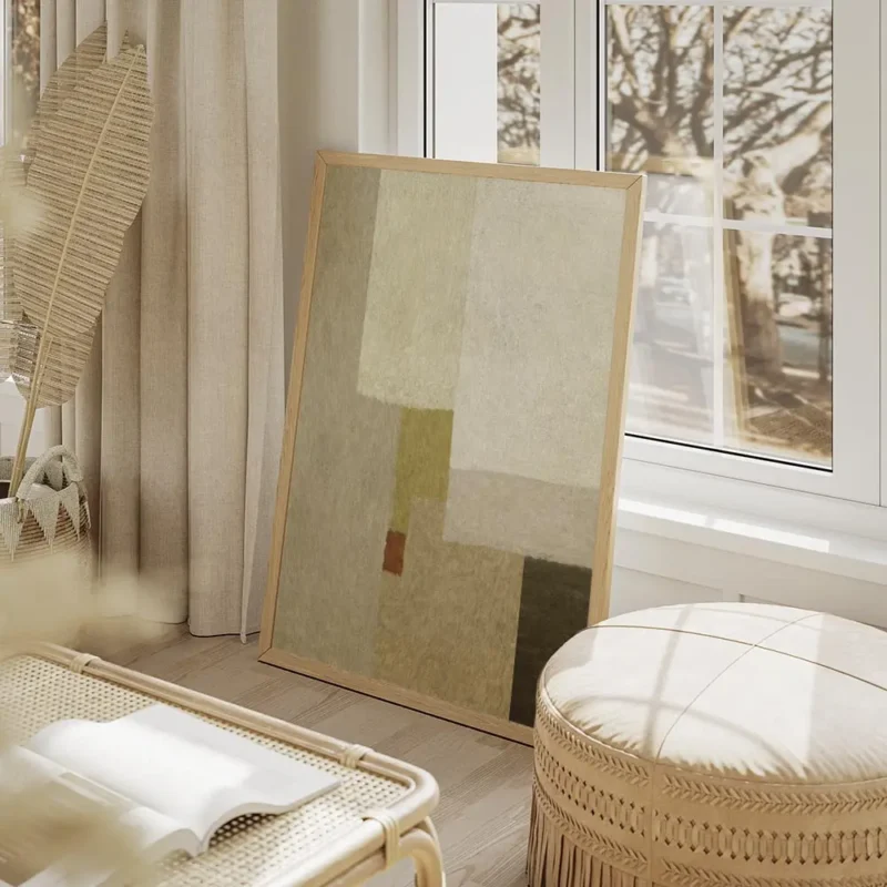 affiche abstraite aux tons neutres beige gris et vert olive avec un carre rouill salon beige.webp