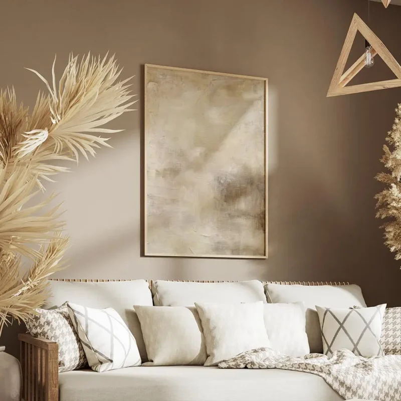 affiche abstraite aux tons neutres beige marron et creme avec des textures de co salon.webp