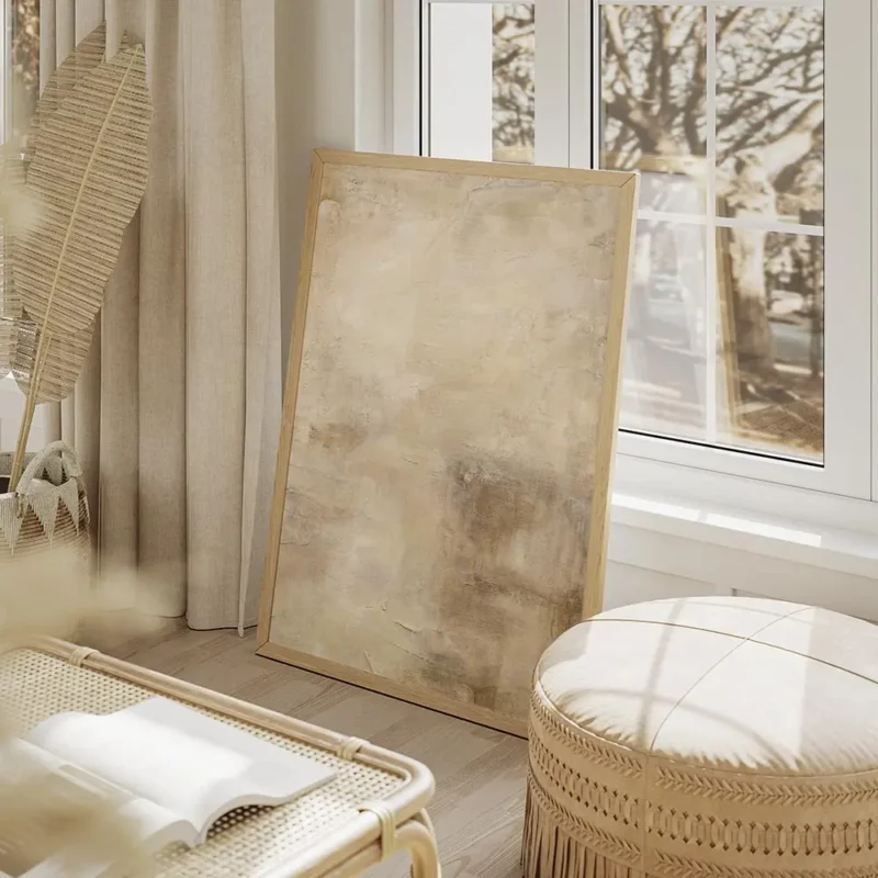 affiche abstraite aux tons neutres beige marron et creme avec des textures de co salon beige.webp