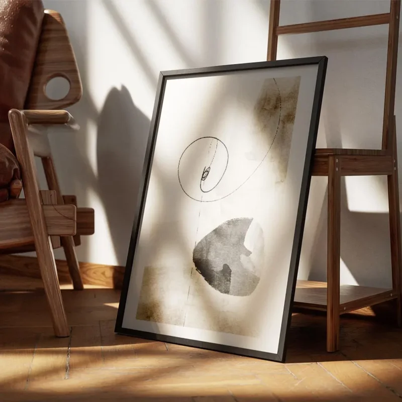 affiche abstraite aux tons neutres lignes noires minimalistes et formes abstrait encadre.webp