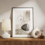 affiche abstraite aux tons neutres lignes noires minimalistes et formes abstrait meuble.webp