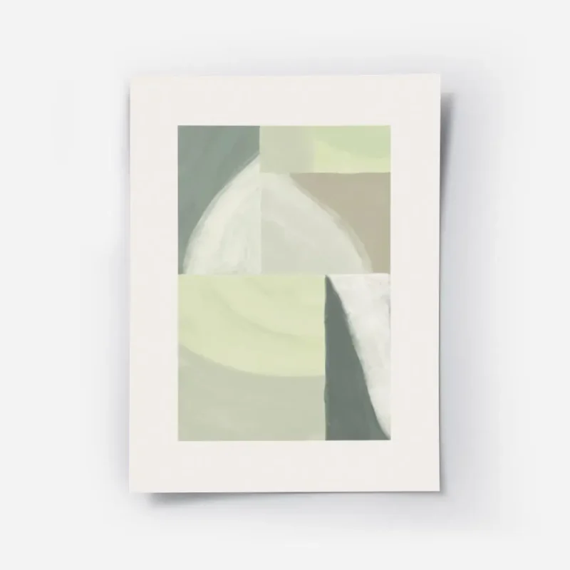 affiche abstraite aux tons verts apaisants motifs geometriques et coups de pince.webp