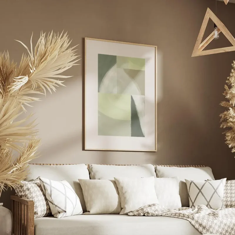 affiche abstraite aux tons verts apaisants motifs geometriques et coups de pince salon.webp