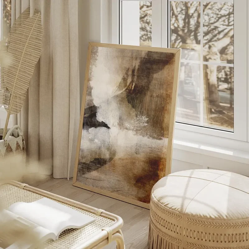 affiche abstraite aux traits de pinceau melanges salon beige.webp