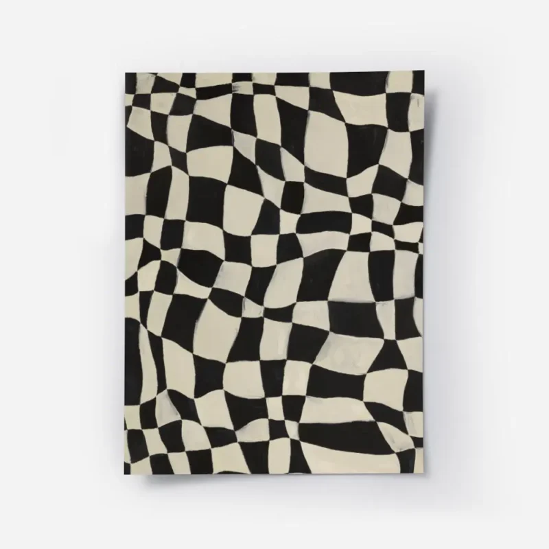 affiche abstraite avec des carreaux noirs et blancs ondules creant un motif dami.webp