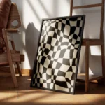 affiche abstraite avec des carreaux noirs et blancs ondules creant un motif dami encadre.webp