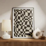affiche abstraite avec des carreaux noirs et blancs ondules creant un motif dami meuble.webp