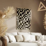 affiche abstraite avec des carreaux noirs et blancs ondules creant un motif dami salon.webp
