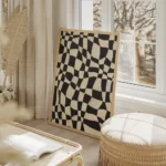 affiche abstraite avec des carreaux noirs et blancs ondules creant un motif dami salon beige.webp