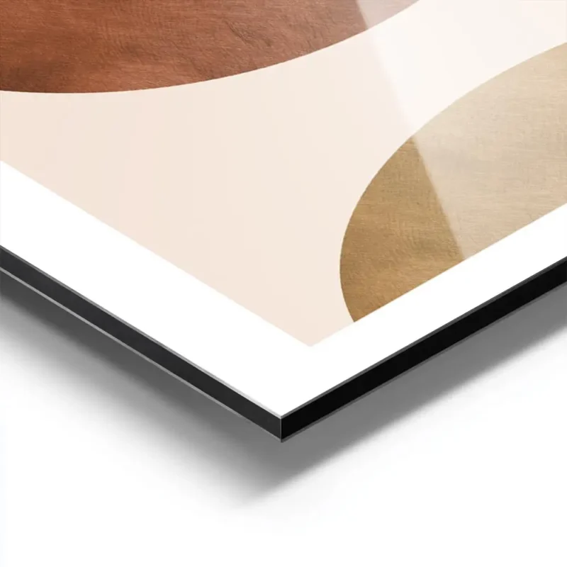 affiche abstraite avec des cercles et demi cercles terracotta et dores sur fond aluminium.webp