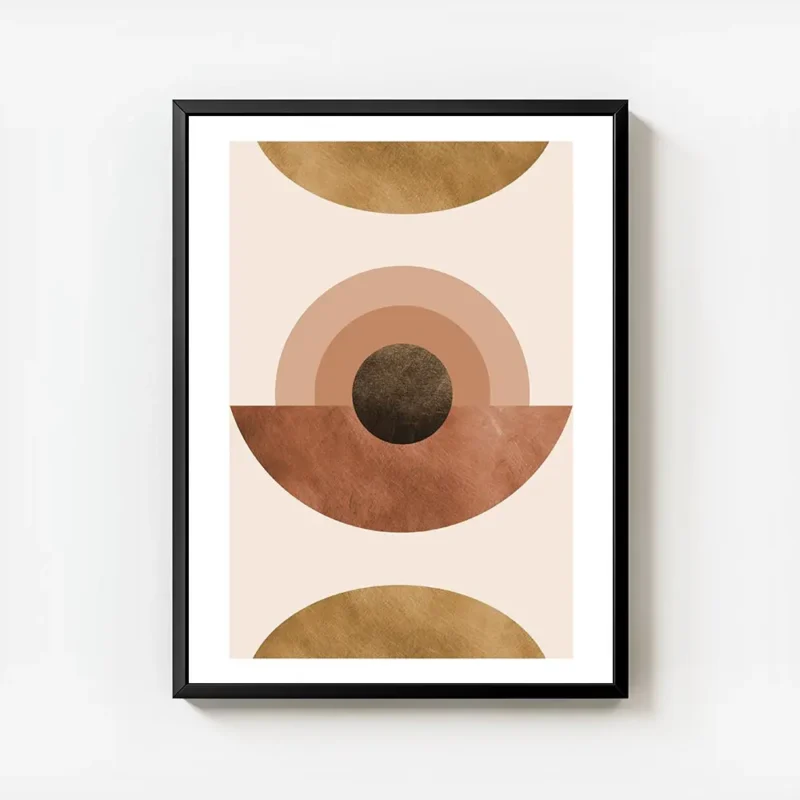 affiche abstraite avec des cercles et demi cercles terracotta et dores sur fond avec cadre.webp