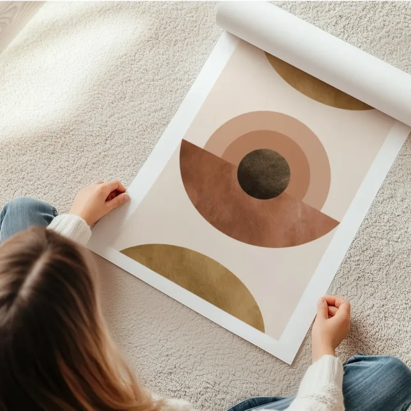 affiche abstraite avec des cercles et demi cercles terracotta et dores sur fond en rouleau.webp