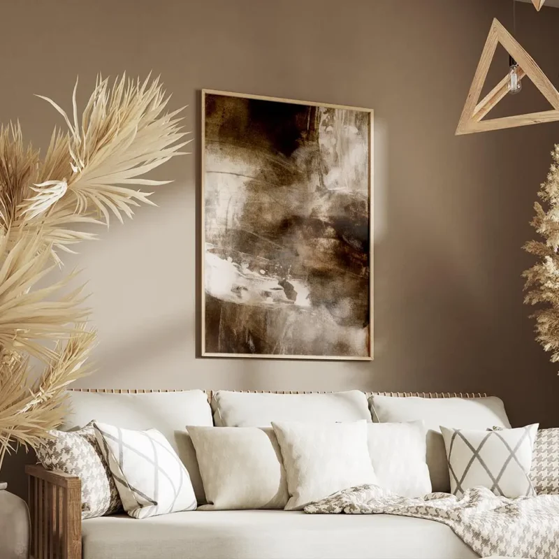 affiche abstraite avec des coups de pinceau dynamiques en blanc beige et marron salon.webp