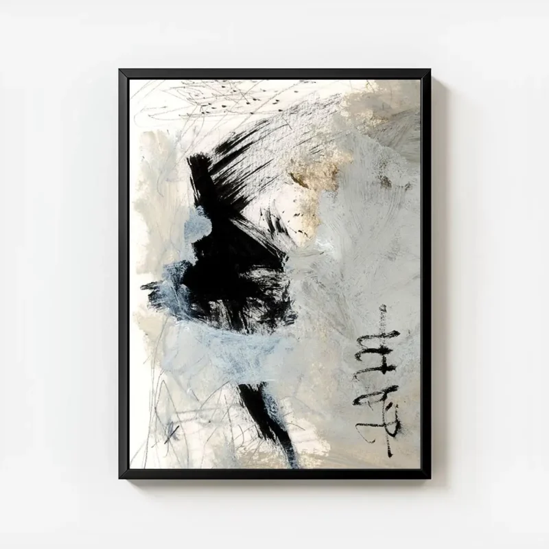 affiche abstraite avec des coups de pinceau noirs blancs bleus et beiges et des avec cadre.webp