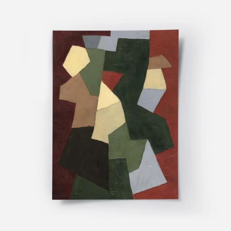 affiche abstraite avec des formes geometriques beige vert marron et gris sur un .webp