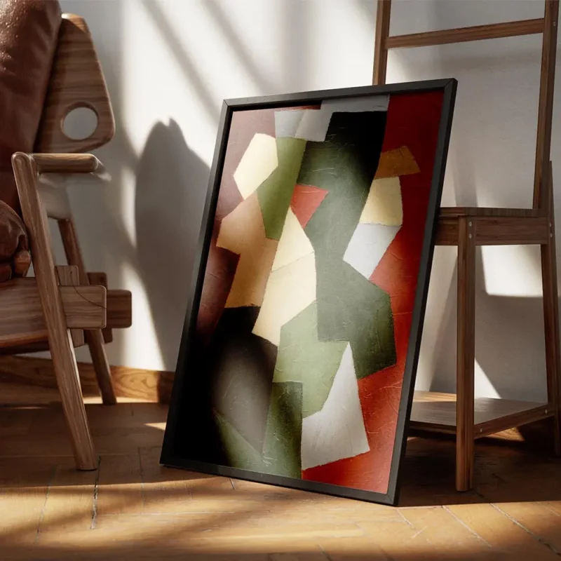 affiche abstraite avec des formes geometriques beige vert marron et gris sur un encadre.webp