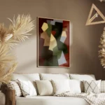 affiche abstraite avec des formes geometriques beige vert marron et gris sur un salon.webp